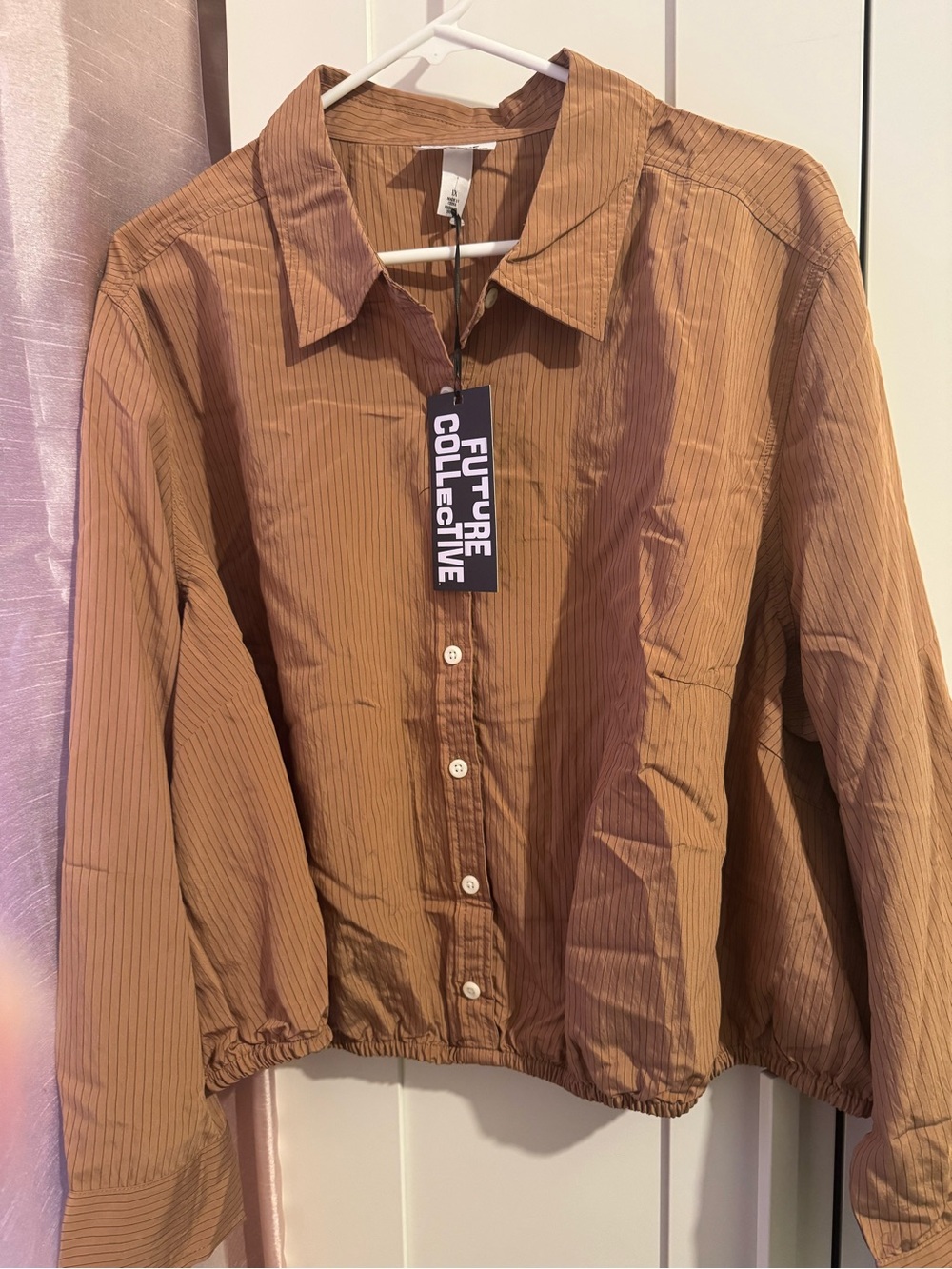 Future Collective Women's Brown Pinstripe Button-Down Shirt